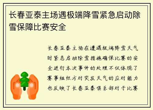 长春亚泰主场遇极端降雪紧急启动除雪保障比赛安全
